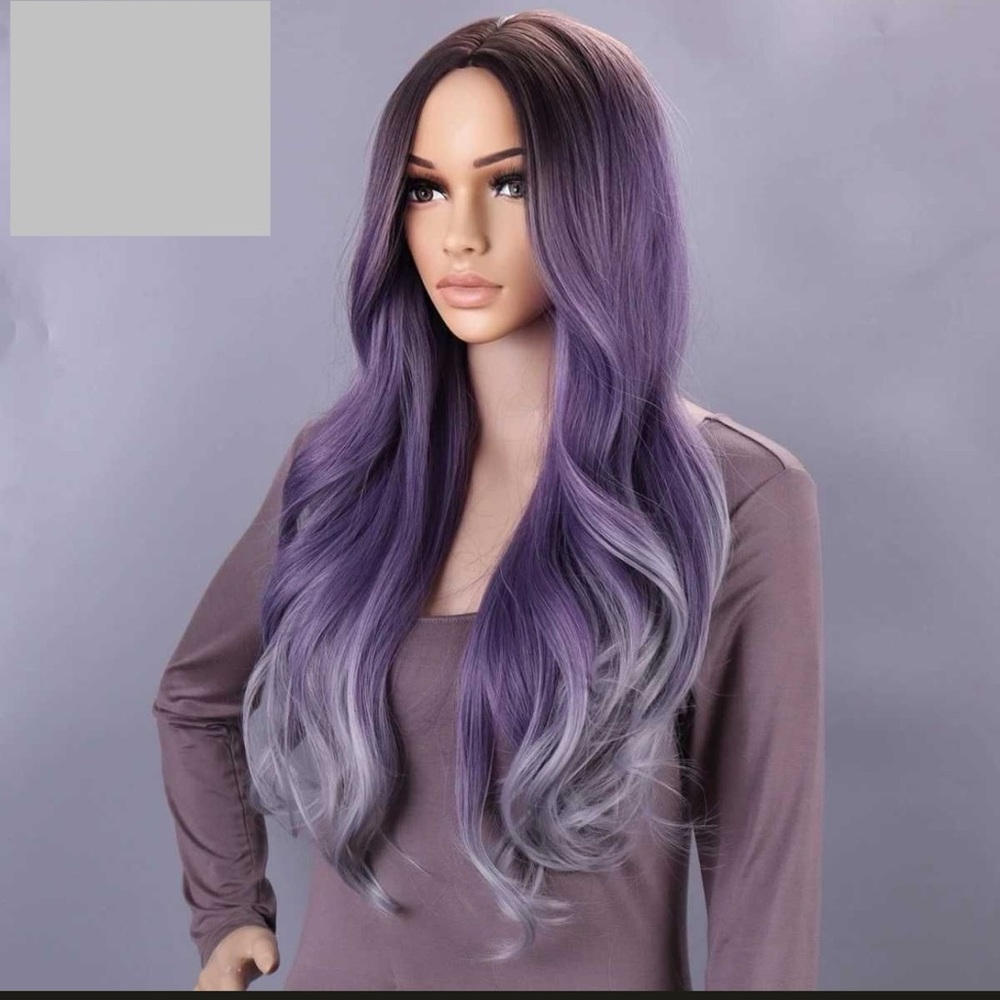 NEW!! Long Wavy Middle Part Ombre Purple Gray Wig 26 Inch long. - Picture 3 of 7